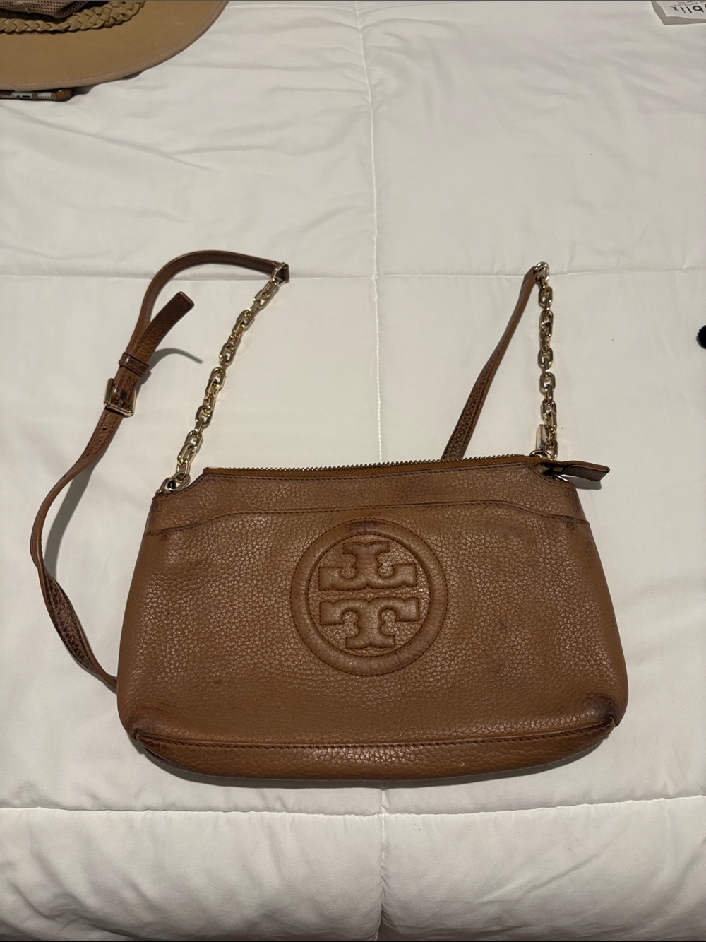 Tory Burch Brown Pebbled Leather Crossbody with Logo Medallion